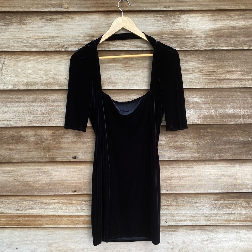 Black velvet mini dress square neckline